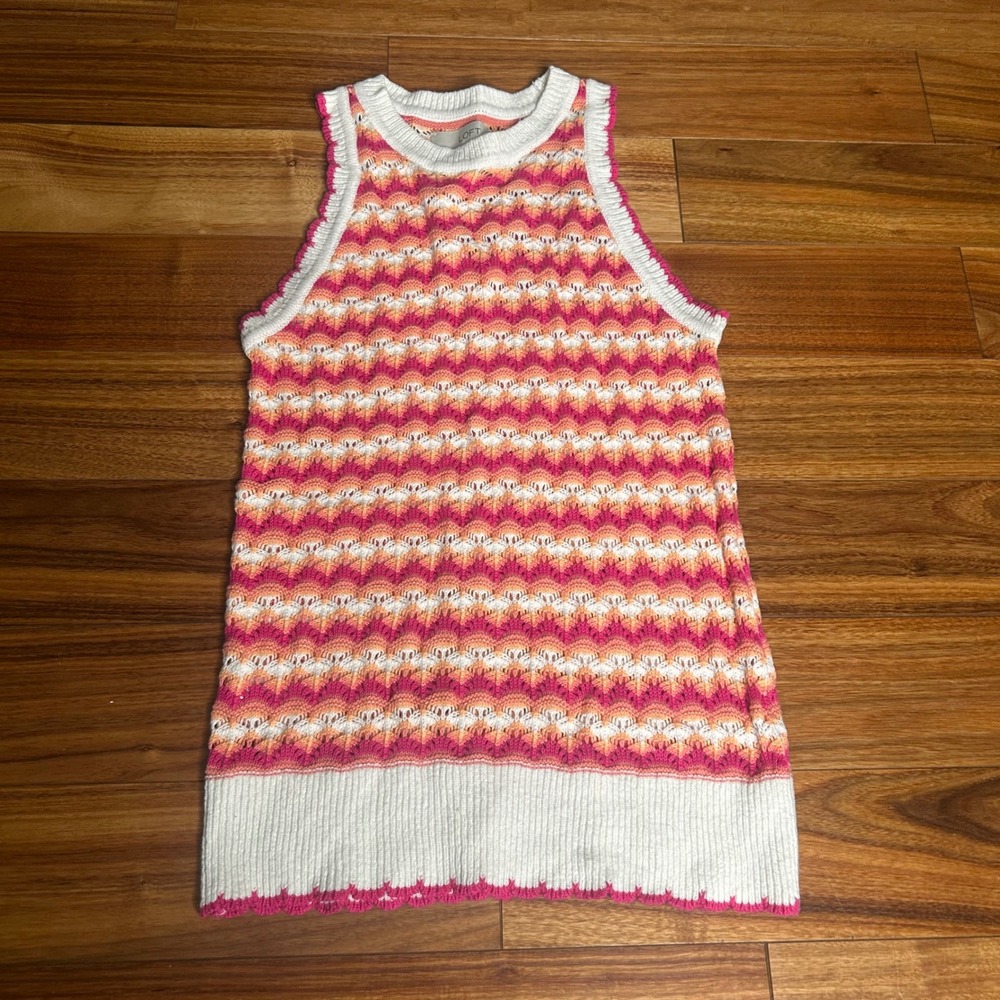 LOFT Sleeveless Sweater Knit Tank Top Chevron‎ Pattern Pink Orange White S